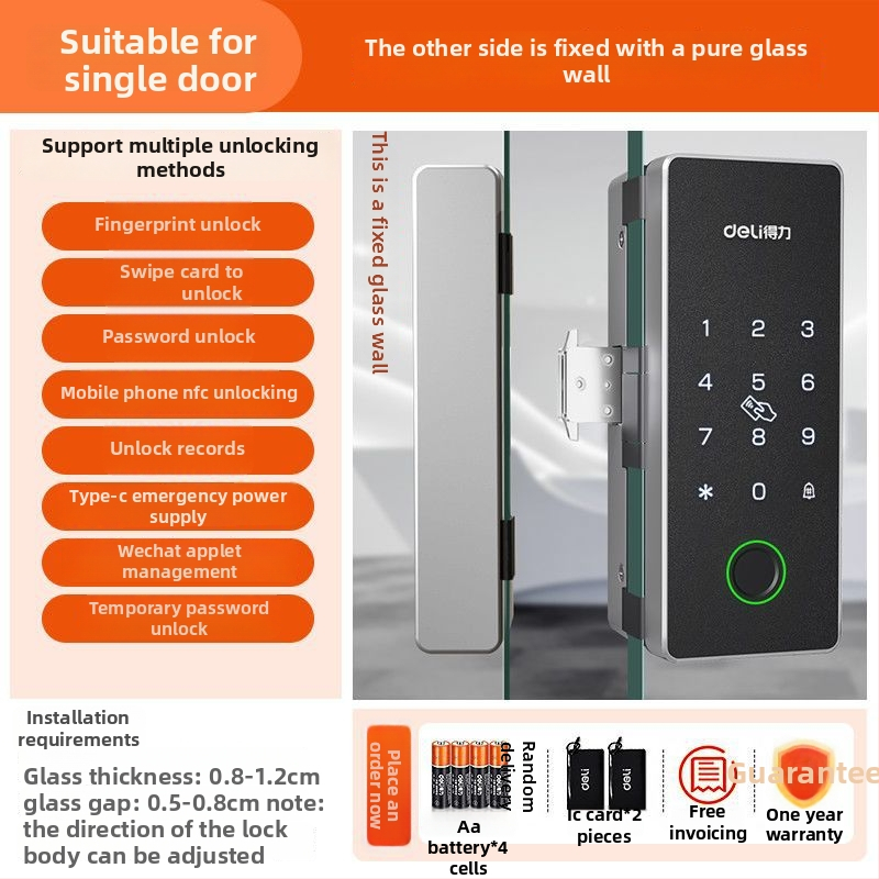 Încuietoare biometrică electronică pentru uși din sticlă – corp din aliaj de zinc, deblocare prin senzor, design modern minimalist, fără găuri