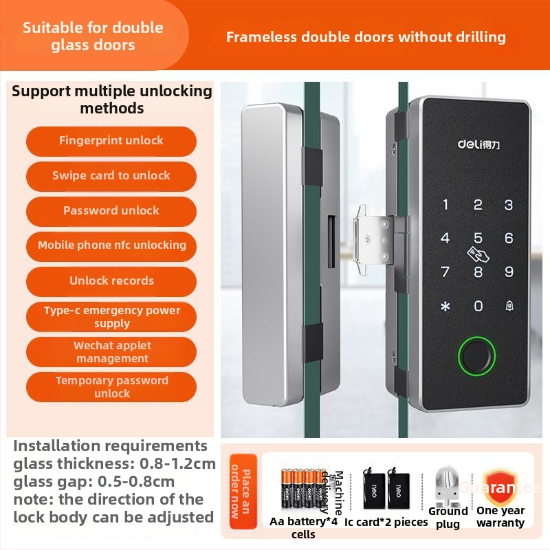 Încuietoare biometrică electronică pentru uși din sticlă – corp din aliaj de zinc, deblocare prin senzor, design modern minimalist, fără găuri