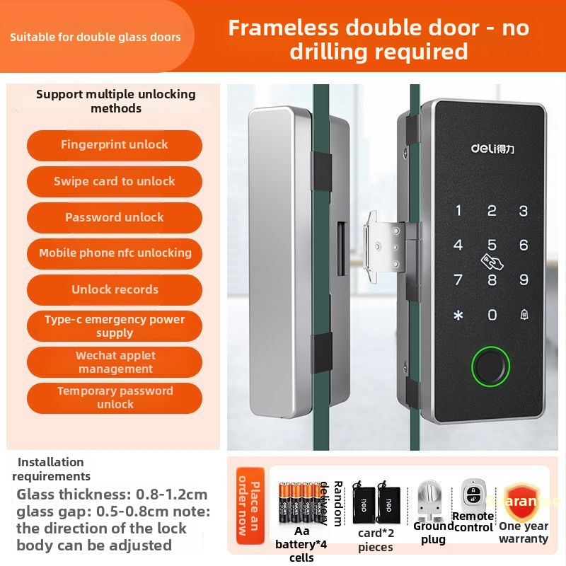 Încuietoare biometrică electronică pentru uși din sticlă – corp din aliaj de zinc, deblocare prin senzor, design modern minimalist, fără găuri