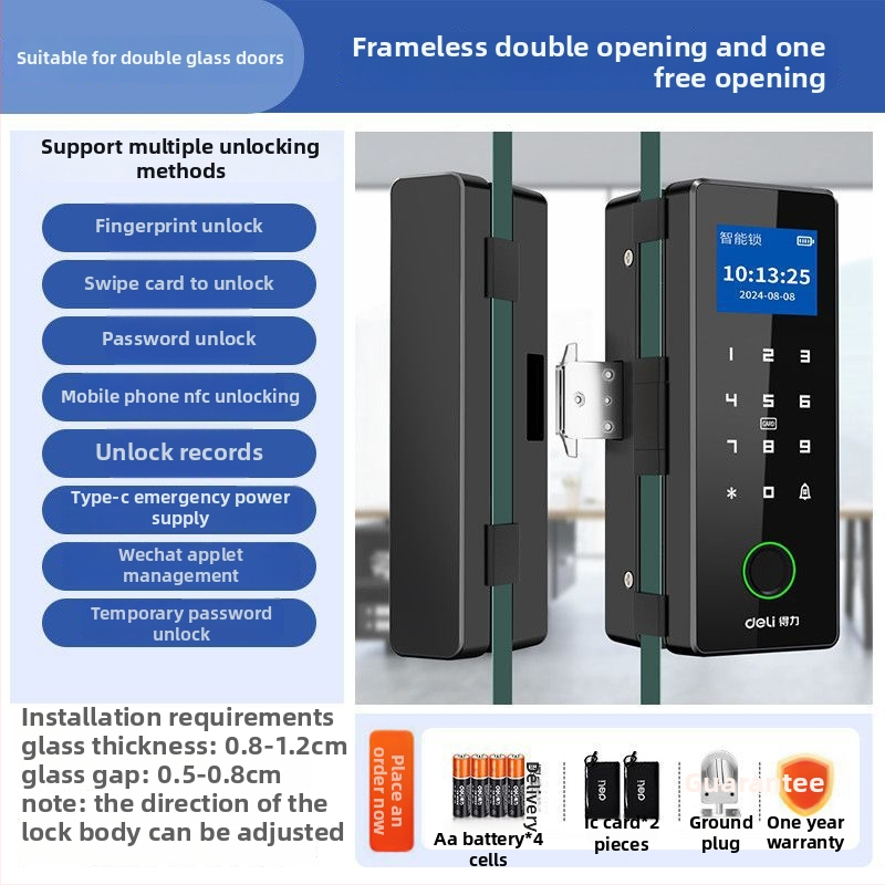 Încuietoare biometrică electronică pentru uși din sticlă – corp din aliaj de zinc, deblocare prin senzor, design modern minimalist, fără găuri