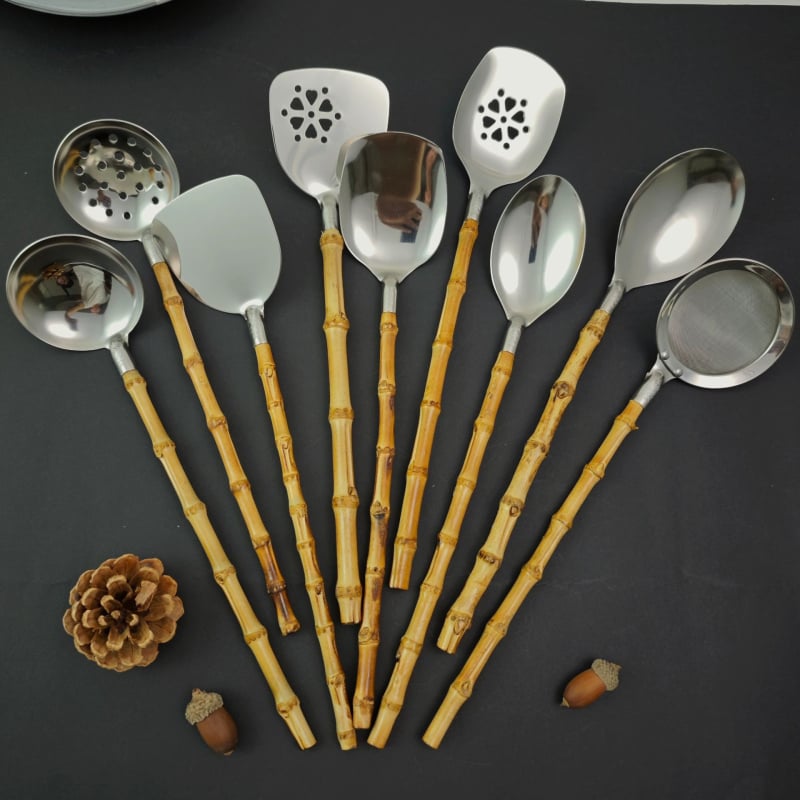 Set žlica i spatula — 304 nehrđajući čelik, bambus drška, protuklizno, otporno na toplinu
