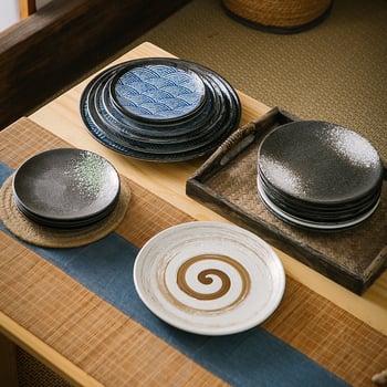 Japanski keramički tanjur, okruglog oblika, podglazurna tehnologija, retro stil, razni uzorci, mikrovalna kompatibilna