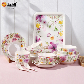 Melamīna ēdienu servēšanai komplekts, 96 gab., porcelāna imitācija, ziedu raksts, augstas temperatūras dekālais apdare