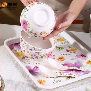 Melamīna ēdienu servēšanai komplekts, 96 gab., porcelāna imitācija, ziedu raksts, augstas temperatūras dekālais apdare