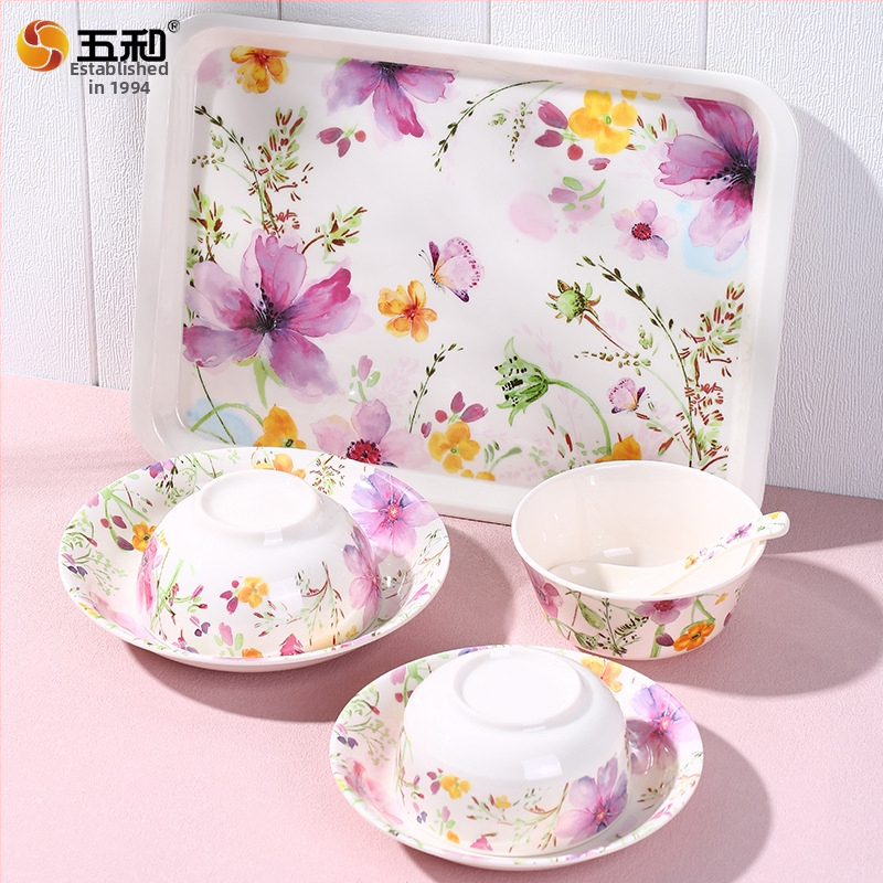 Melamīna ēdienu servēšanai komplekts, 96 gab., porcelāna imitācija, ziedu raksts, augstas temperatūras dekālais apdare