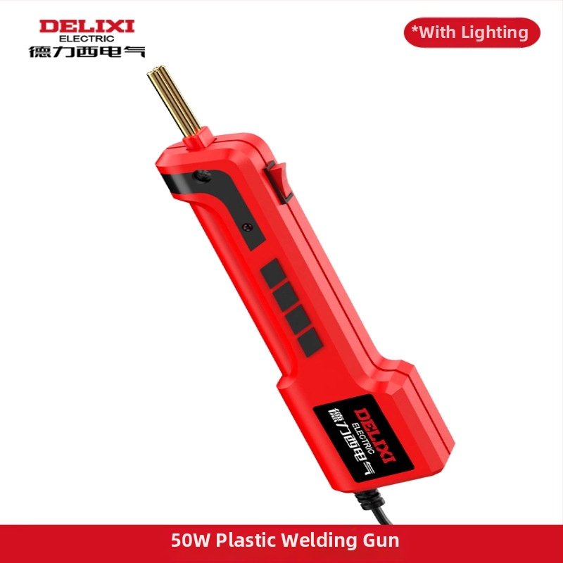 Elektriskā plastmasas lodēšanas pistole automašīnas bufera remonta un plaisu aizpildīšanai; saderīga ar nylonu, ABS, PP, PE un citiem plastmasas materiāliem; 220V, 60Hz; elektriskā apkure; izmēri 23,5×15,5 cm; svars 0,63 kg