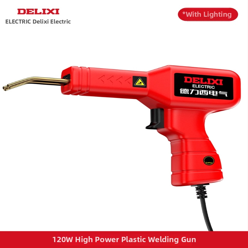 Elektriskā plastmasas lodēšanas pistole automašīnas bufera remonta un plaisu aizpildīšanai; saderīga ar nylonu, ABS, PP, PE un citiem plastmasas materiāliem; 220V, 60Hz; elektriskā apkure; izmēri 23,5×15,5 cm; svars 0,63 kg