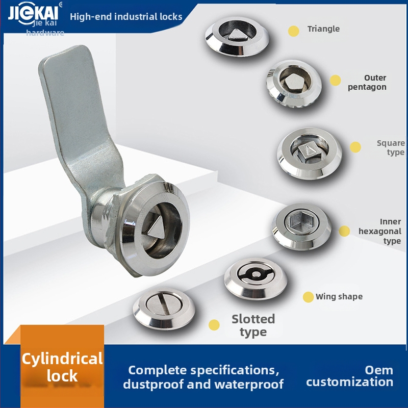 Cilindra tipa mortise slēdzis ar spārnu formas iekšējo galu un iekšējo trijstūri, piemērots metro un rūpnieciskām skapēm | Zīmols Jie Kai | Materiāls: cinka sakausējums un nerūsējošais tērauds | Modelis: Cilindra sērija