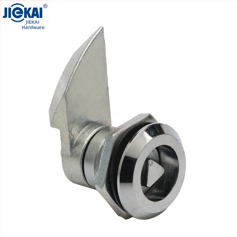 Cilindra tipa mortise slēdzis ar spārnu formas iekšējo galu un iekšējo trijstūri, piemērots metro un rūpnieciskām skapēm | Zīmols Jie Kai | Materiāls: cinka sakausējums un nerūsējošais tērauds | Modelis: Cilindra sērija