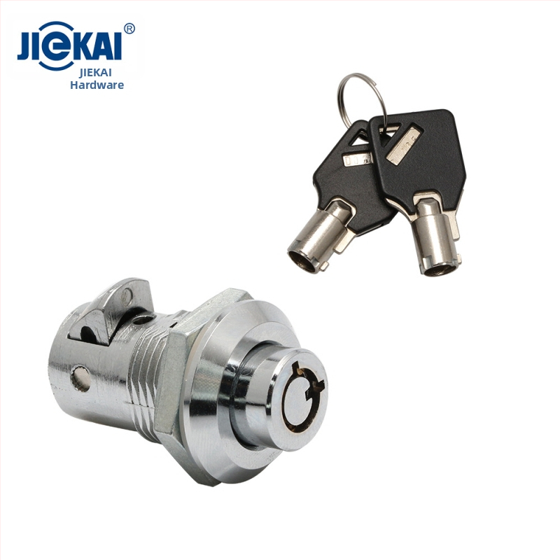 Cilindra tipa mortise slēdzis ar spārnu formas iekšējo galu un iekšējo trijstūri, piemērots metro un rūpnieciskām skapēm | Zīmols Jie Kai | Materiāls: cinka sakausējums un nerūsējošais tērauds | Modelis: Cilindra sērija