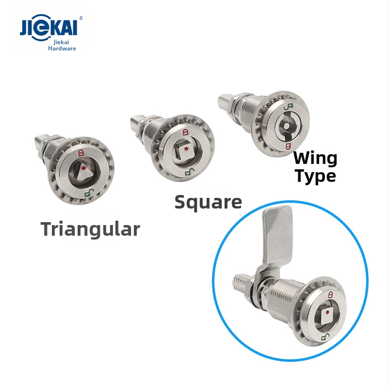 Cilindra tipa mortise slēdzis ar spārnu formas iekšējo galu un iekšējo trijstūri, piemērots metro un rūpnieciskām skapēm | Zīmols Jie Kai | Materiāls: cinka sakausējums un nerūsējošais tērauds | Modelis: Cilindra sērija