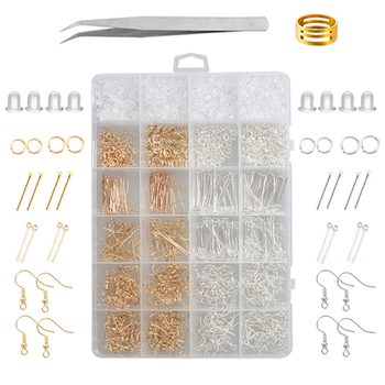 DIY set za nakit od željeza s elektroplatom, kutija s 24 pretinaca, uključuje naušnice kukice, spojne prstene i T-štiftove