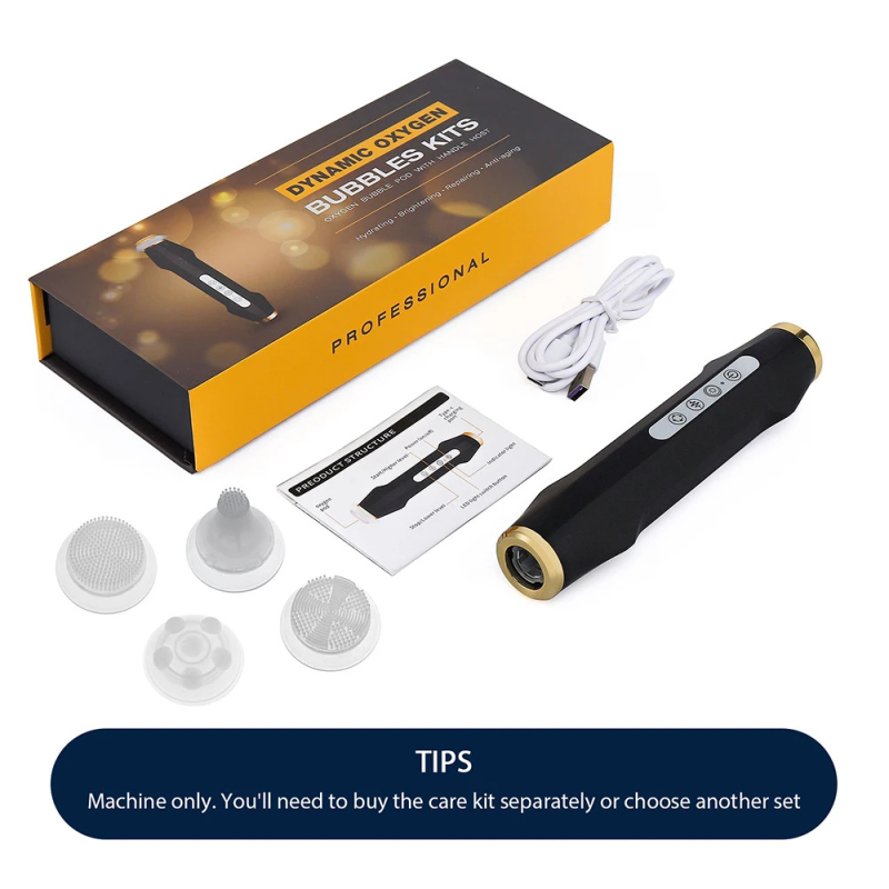 Dispozitiv facial de curățare cu bule de oxigen pentru rejuvenare, hidratare și albire a pielii; portabil, pentru uz casnic, cu baterie încorporată sub 300 mAh.