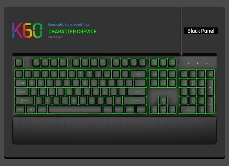 Проводна GK60 клавиатура с 104 клавиша, метално тяло, RGB подсветка, X-Frame технология с подложка за длан, 1,5 м кабел