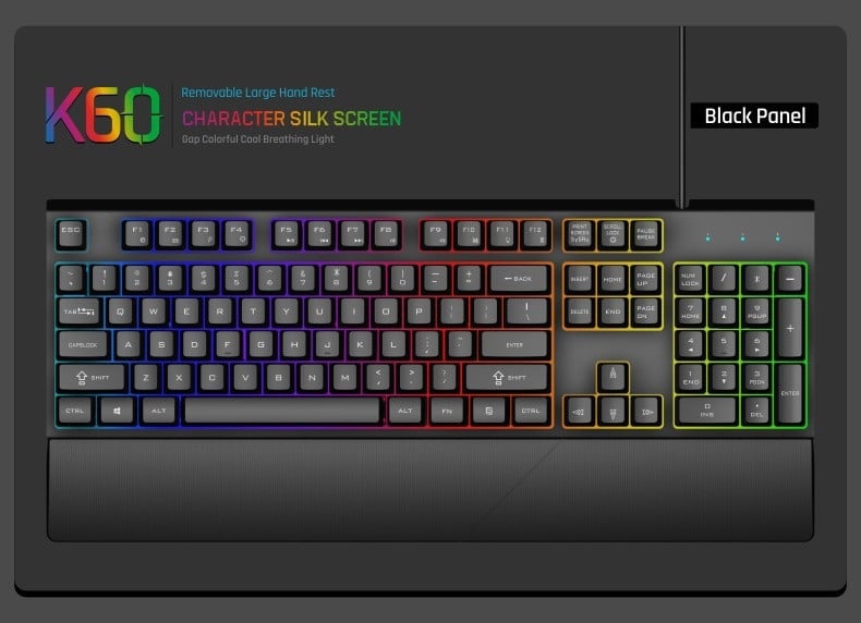 Проводна GK60 клавиатура с 104 клавиша, метално тяло, RGB подсветка, X-Frame технология с подложка за длан, 1,5 м кабел