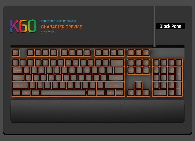 Проводна GK60 клавиатура с 104 клавиша, метално тяло, RGB подсветка, X-Frame технология с подложка за длан, 1,5 м кабел