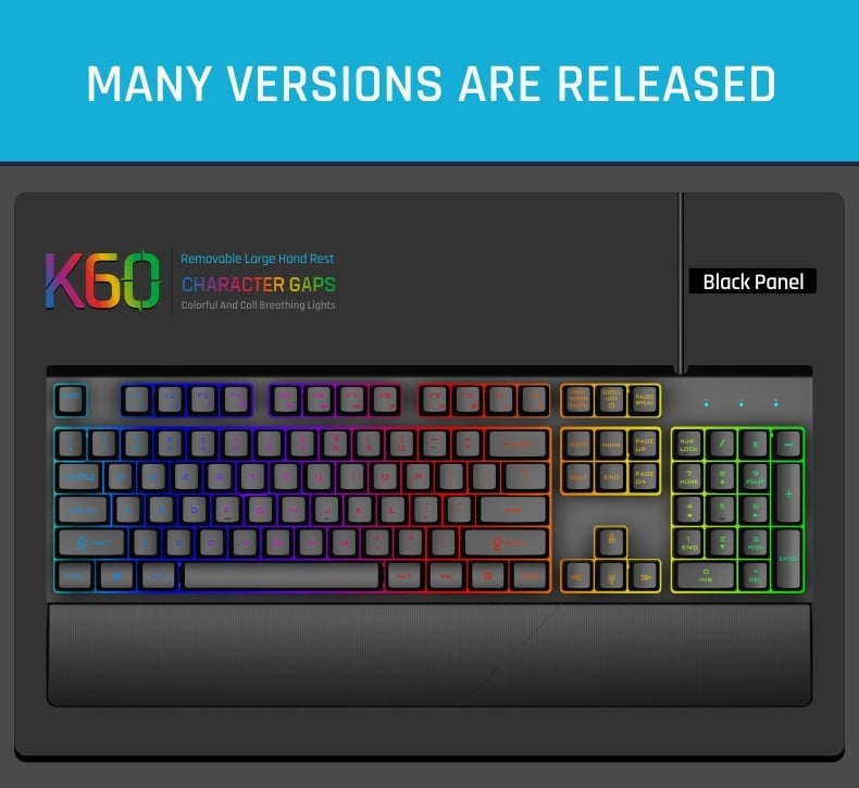 Проводна GK60 клавиатура с 104 клавиша, метално тяло, RGB подсветка, X-Frame технология с подложка за длан, 1,5 м кабел