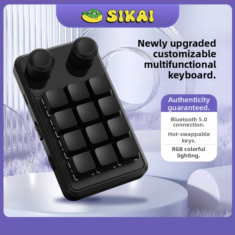 Keypad 12 taste cu două butoane rotative, Bluetooth fără fir multiplu moduri, programare macro personalizabilă cu copiere‑lipire, axe roșii, carcasă ABS