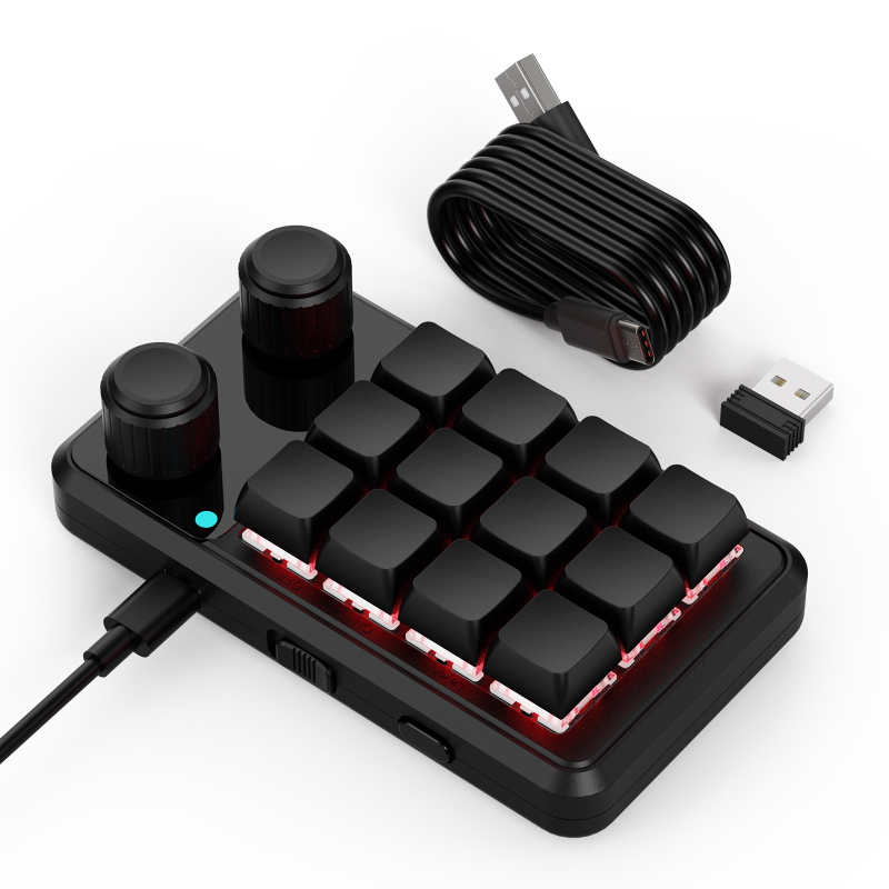 Keypad 12 taste cu două butoane rotative, Bluetooth fără fir multiplu moduri, programare macro personalizabilă cu copiere‑lipire, axe roșii, carcasă ABS