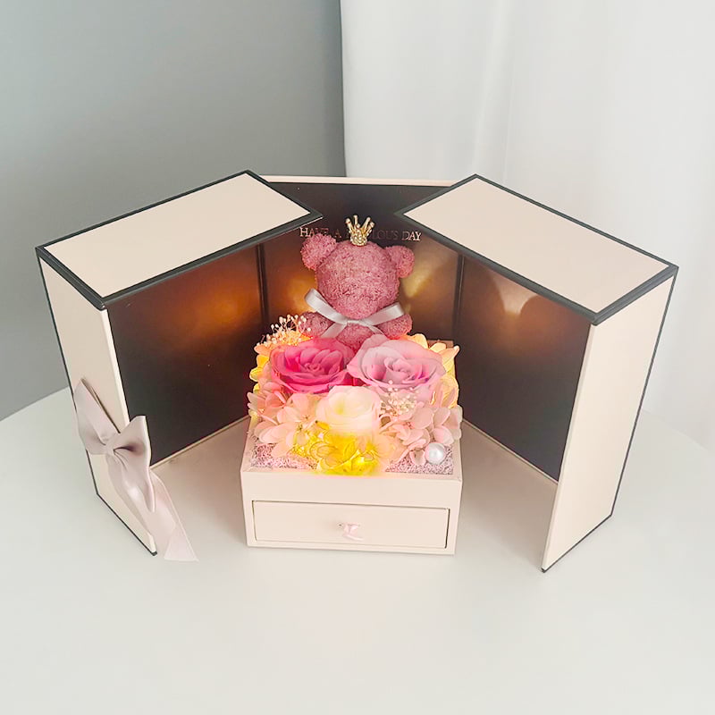 Подаръчна кутия с вечни цветя, мечка от рози и бижутерна кутия с двойни врати (Материал: вечни цветя; Вид: рози; Марка: Runye; Опаковка: подаръчна кутия)