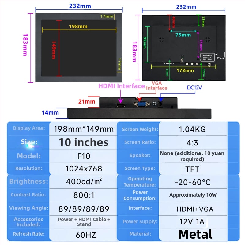 L106 jutiklinis monitorius su IPS TFT LCD, įvestys HDMI, VGA, BNC, AV ir USB, visuotinis suderinamumas, raiška 1024x600/1280x800/1920x1080