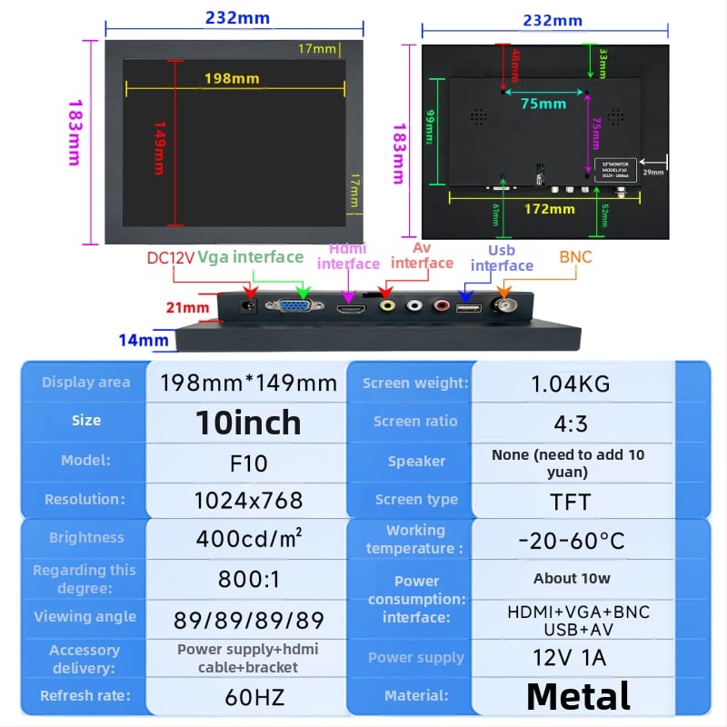 L106 jutiklinis monitorius su IPS TFT LCD, įvestys HDMI, VGA, BNC, AV ir USB, visuotinis suderinamumas, raiška 1024x600/1280x800/1920x1080