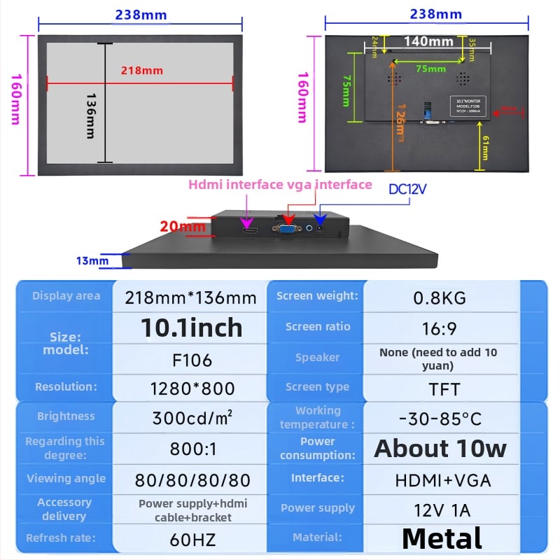 L106 jutiklinis monitorius su IPS TFT LCD, įvestys HDMI, VGA, BNC, AV ir USB, visuotinis suderinamumas, raiška 1024x600/1280x800/1920x1080