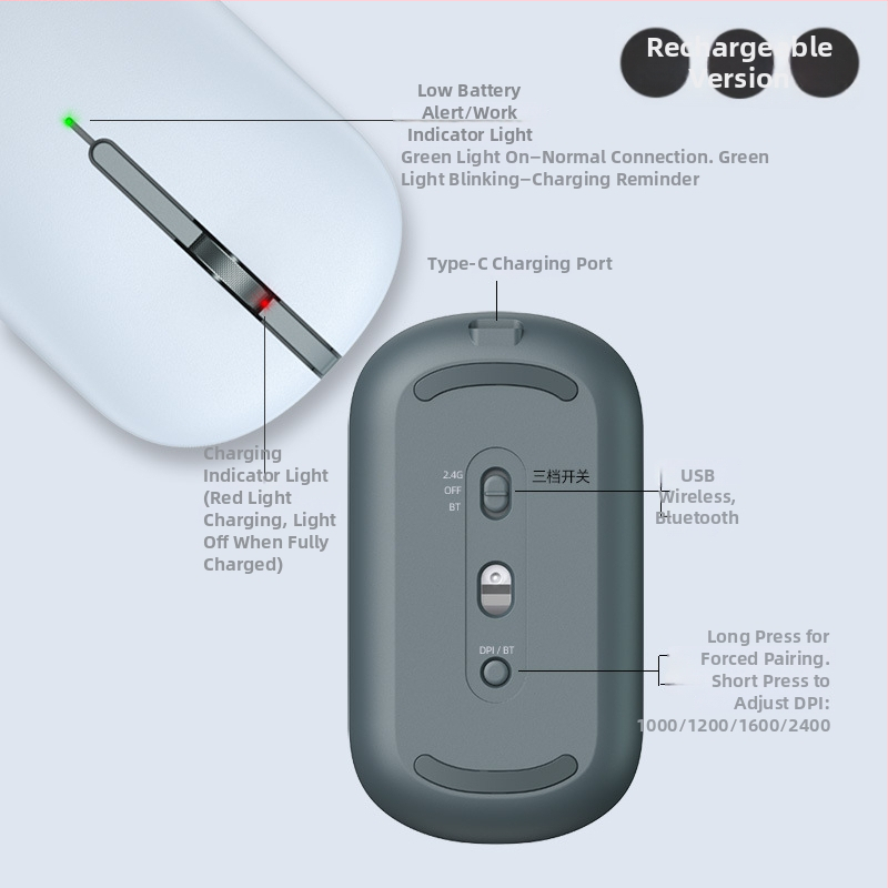 Bežična miša – 1600dpi, 4 tipke, USB 2.4GHz prijemnik, punjiva
