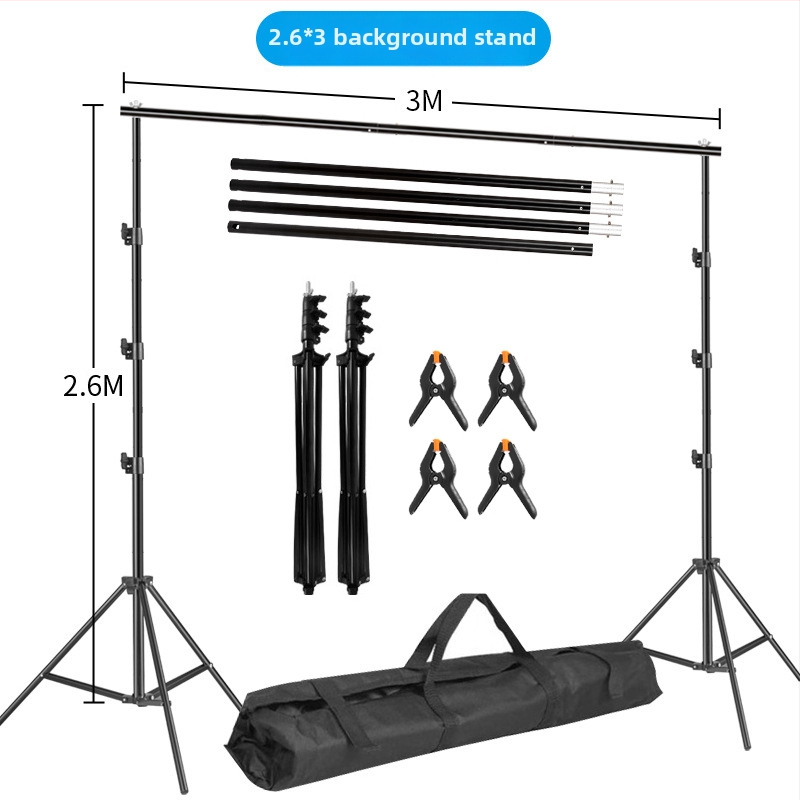 Fono rėmas produktų fotografavimui – metalinio/geležies vamzdžio rėmas; svoris 3 kg+; komplekte stovas, klipai ir krepšys