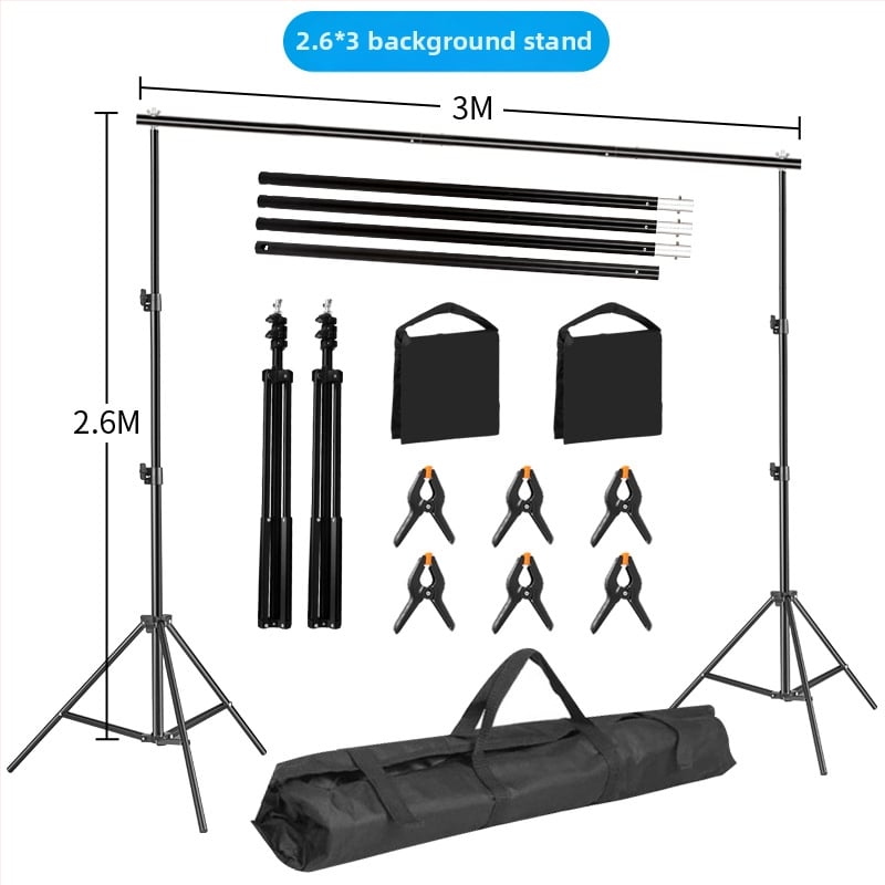 Fono rėmas produktų fotografavimui – metalinio/geležies vamzdžio rėmas; svoris 3 kg+; komplekte stovas, klipai ir krepšys