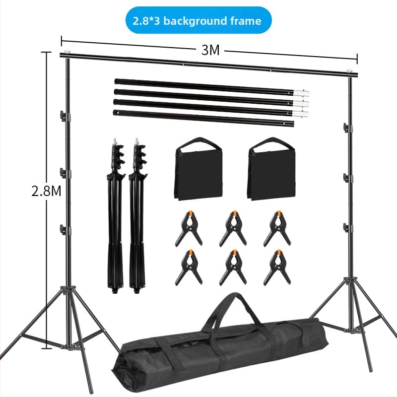 Fono rėmas produktų fotografavimui – metalinio/geležies vamzdžio rėmas; svoris 3 kg+; komplekte stovas, klipai ir krepšys