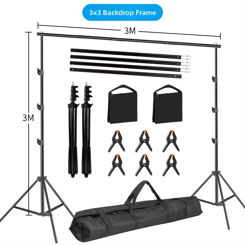 Fono rėmas produktų fotografavimui – metalinio/geležies vamzdžio rėmas; svoris 3 kg+; komplekte stovas, klipai ir krepšys