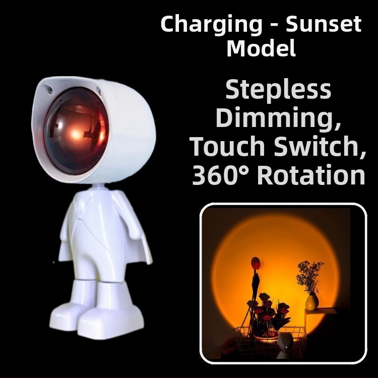 Robotu saulrieta lampiņa ar astronauta motīvu, papildgaismas spuldze fotografēšanai, iekšējais akumulators, galda uzstādīšana