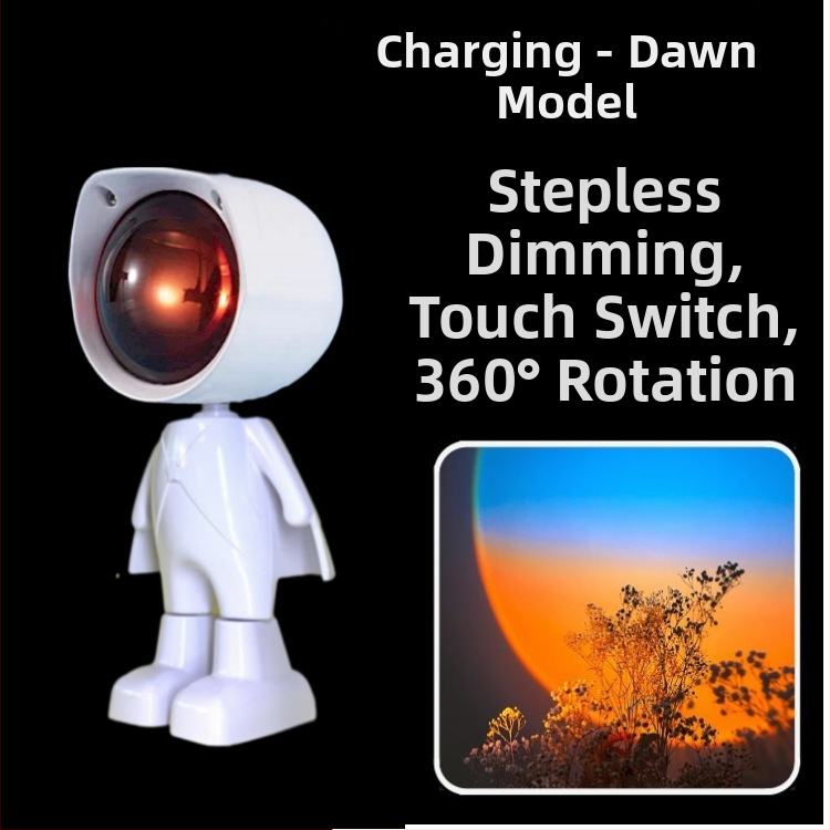 Robotu saulrieta lampiņa ar astronauta motīvu, papildgaismas spuldze fotografēšanai, iekšējais akumulators, galda uzstādīšana