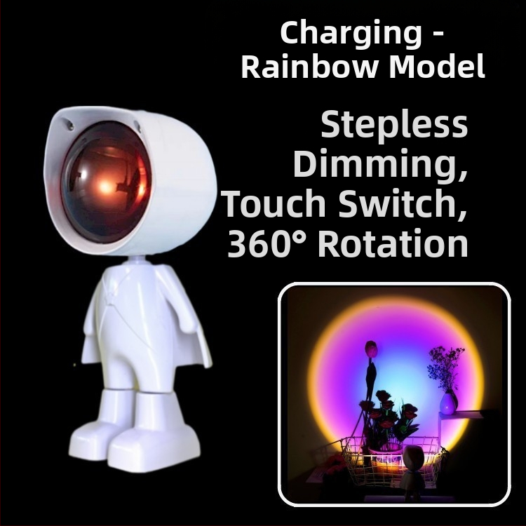 Robotu saulrieta lampiņa ar astronauta motīvu, papildgaismas spuldze fotografēšanai, iekšējais akumulators, galda uzstādīšana