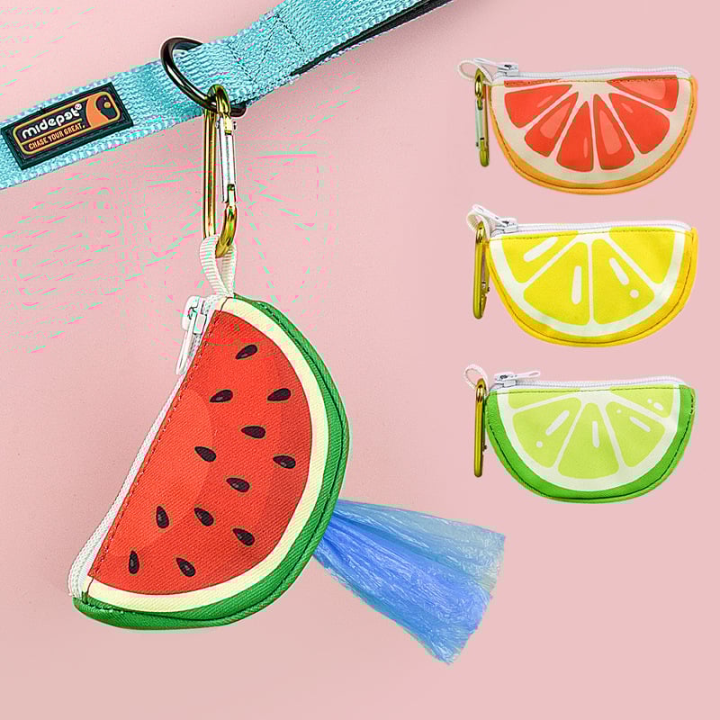 Διανομέας σακουλών απορριμμάτων κατοικίδιών με μοτίβο φρούτων και θήκη αποθήκευσης, πολυεστέρας, στυλ flat-mouth, παχυνμένος, αδειοδοτημένη ιδιωτική ετικέτα