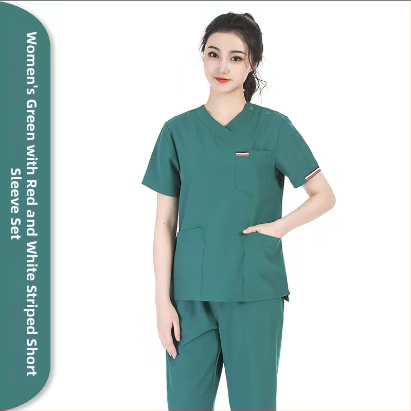 Unisex sada zdravotníckych scrubov – rýchloschnúce, antistatické, krátke rukávy, V- výstrih top s nohavicami, polyester-spandex zmes (≥95% polyester), odvádzanie vlhkosti