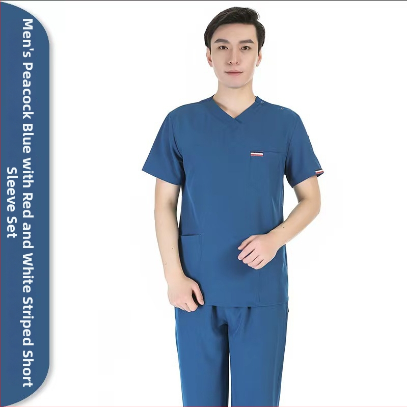 Unisex sada zdravotníckych scrubov – rýchloschnúce, antistatické, krátke rukávy, V- výstrih top s nohavicami, polyester-spandex zmes (≥95% polyester), odvádzanie vlhkosti