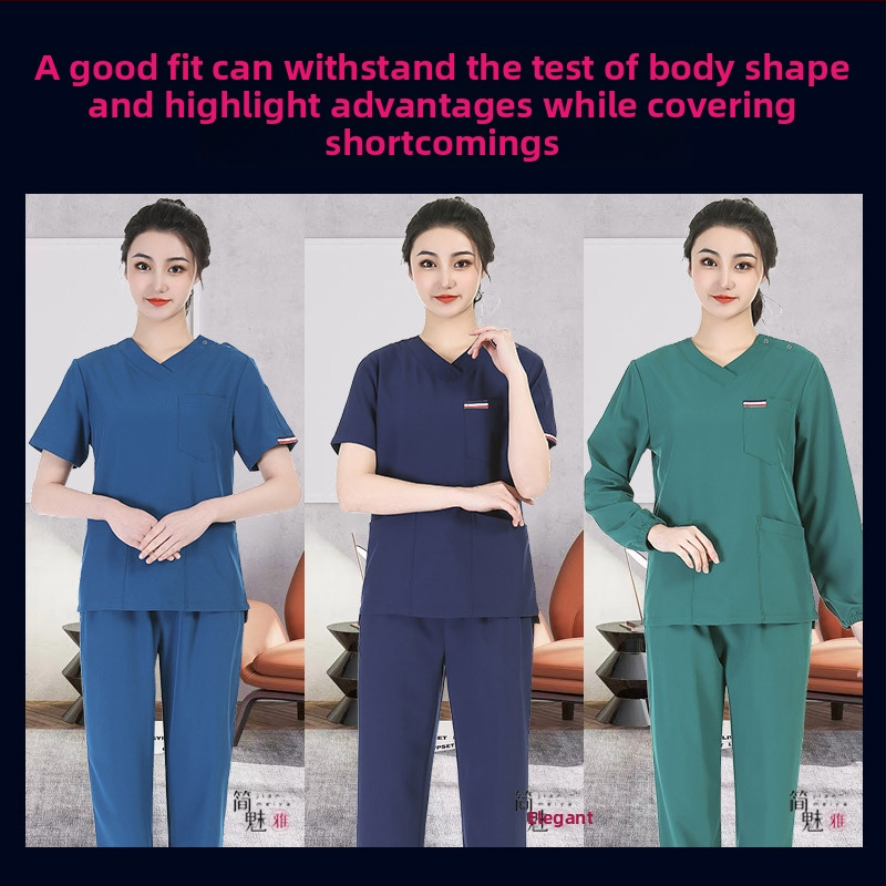 Unisex sada zdravotníckych scrubov – rýchloschnúce, antistatické, krátke rukávy, V- výstrih top s nohavicami, polyester-spandex zmes (≥95% polyester), odvádzanie vlhkosti