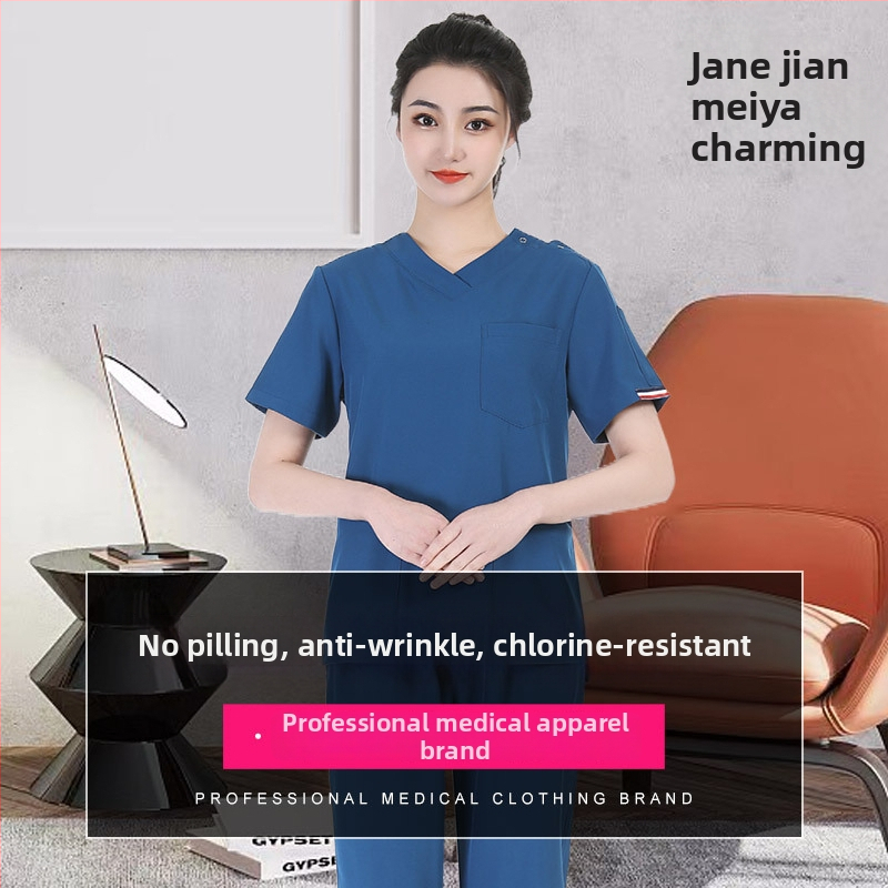 Unisex sada zdravotníckych scrubov – rýchloschnúce, antistatické, krátke rukávy, V- výstrih top s nohavicami, polyester-spandex zmes (≥95% polyester), odvádzanie vlhkosti