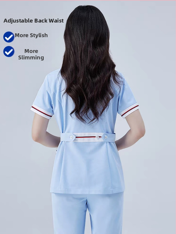 Zdravotná sestra dvojdielna uniforma – Horný diel a nohavice, krátke rukávy, okrúhly výstrih, odvádza vlhkosť bavlna-polyester (Bavlna 30–50%, Polyester 50–70%; Normálna dĺžka)