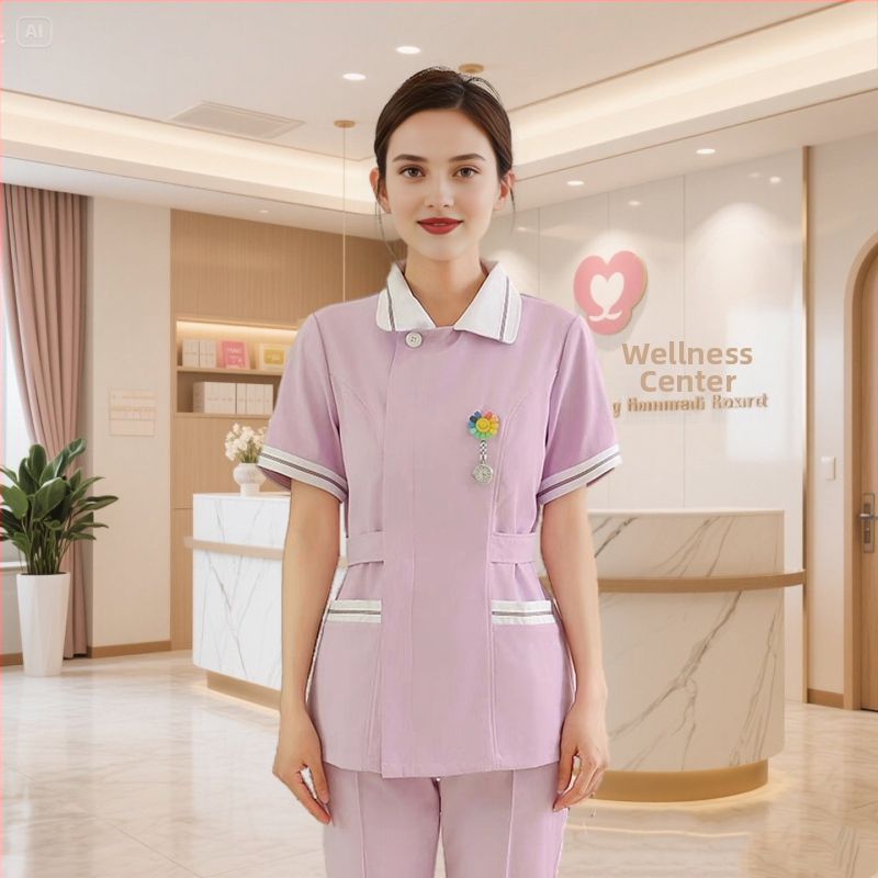 Zdravotná sestra dvojdielna uniforma – Horný diel a nohavice, krátke rukávy, okrúhly výstrih, odvádza vlhkosť bavlna-polyester (Bavlna 30–50%, Polyester 50–70%; Normálna dĺžka)