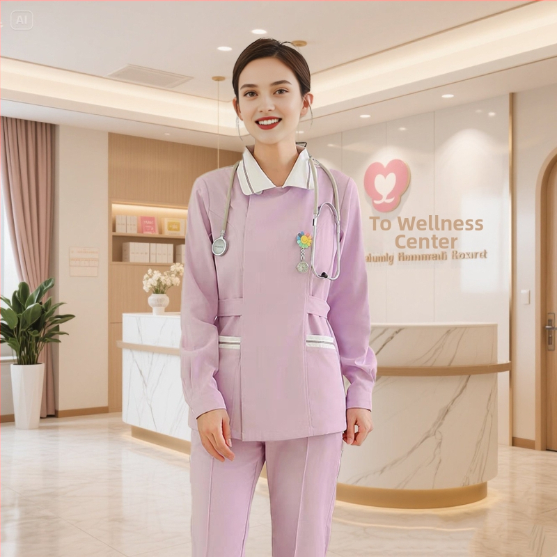 Zdravotná sestra dvojdielna uniforma – Horný diel a nohavice, krátke rukávy, okrúhly výstrih, odvádza vlhkosť bavlna-polyester (Bavlna 30–50%, Polyester 50–70%; Normálna dĺžka)