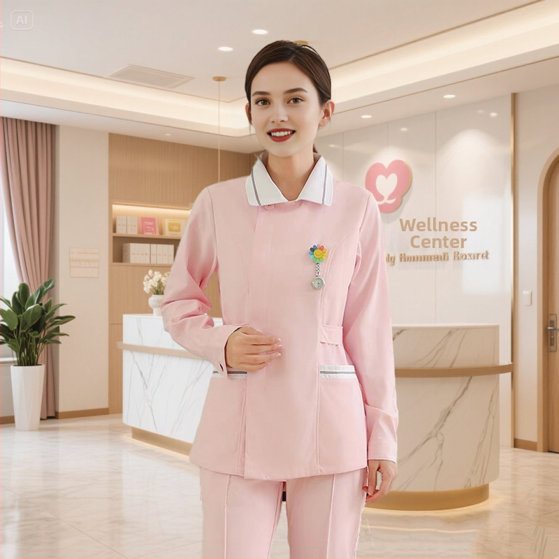 Zdravotná sestra dvojdielna uniforma – Horný diel a nohavice, krátke rukávy, okrúhly výstrih, odvádza vlhkosť bavlna-polyester (Bavlna 30–50%, Polyester 50–70%; Normálna dĺžka)