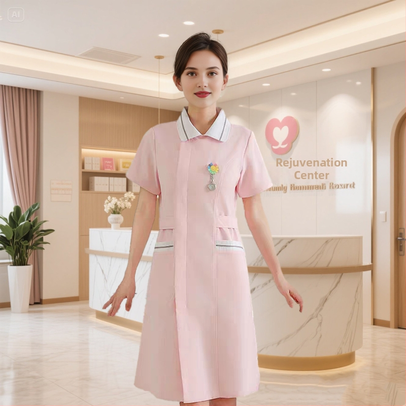 Zdravotná sestra dvojdielna uniforma – Horný diel a nohavice, krátke rukávy, okrúhly výstrih, odvádza vlhkosť bavlna-polyester (Bavlna 30–50%, Polyester 50–70%; Normálna dĺžka)