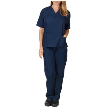 Uniformă medicală cu decolteu în V și buzunare, mâneci scurte, pantaloni, material care evacuează umezeala poliester-spandex, vară
