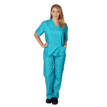 Uniformă medicală cu decolteu în V și buzunare, mâneci scurte, pantaloni, material care evacuează umezeala poliester-spandex, vară