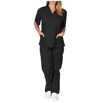 Uniformă medicală cu decolteu în V și buzunare, mâneci scurte, pantaloni, material care evacuează umezeala poliester-spandex, vară