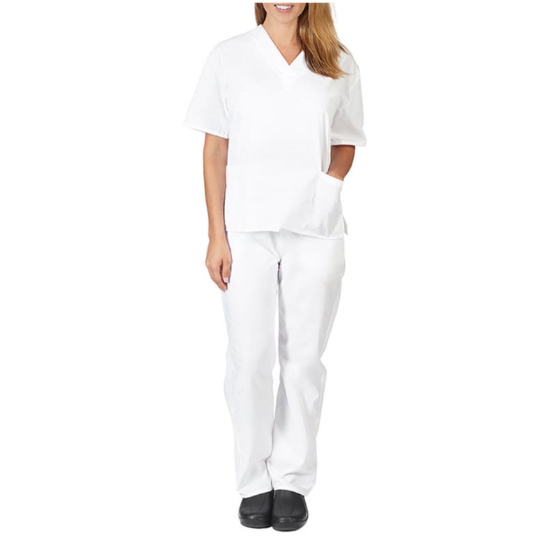 Uniformă medicală cu decolteu în V și buzunare, mâneci scurte, pantaloni, material care evacuează umezeala poliester-spandex, vară