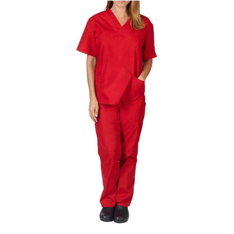 Uniformă medicală cu decolteu în V și buzunare, mâneci scurte, pantaloni, material care evacuează umezeala poliester-spandex, vară
